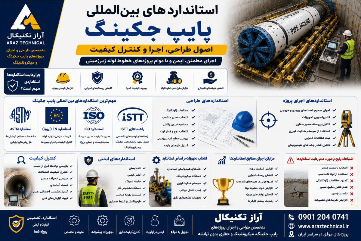 جهت حفاری به روش پایپ جکینگ با ما در ارتباط باشید 09012040741 پایپ جکینگ یک تکنیک پیشرفته جهت نصب لوله های زیرزمینی ، کانالها و لوله های مخصوص برق و مخابرات می باشد. آراز تکنیکال پیمانکار برتر حفاری به روش پایپ جکینگ